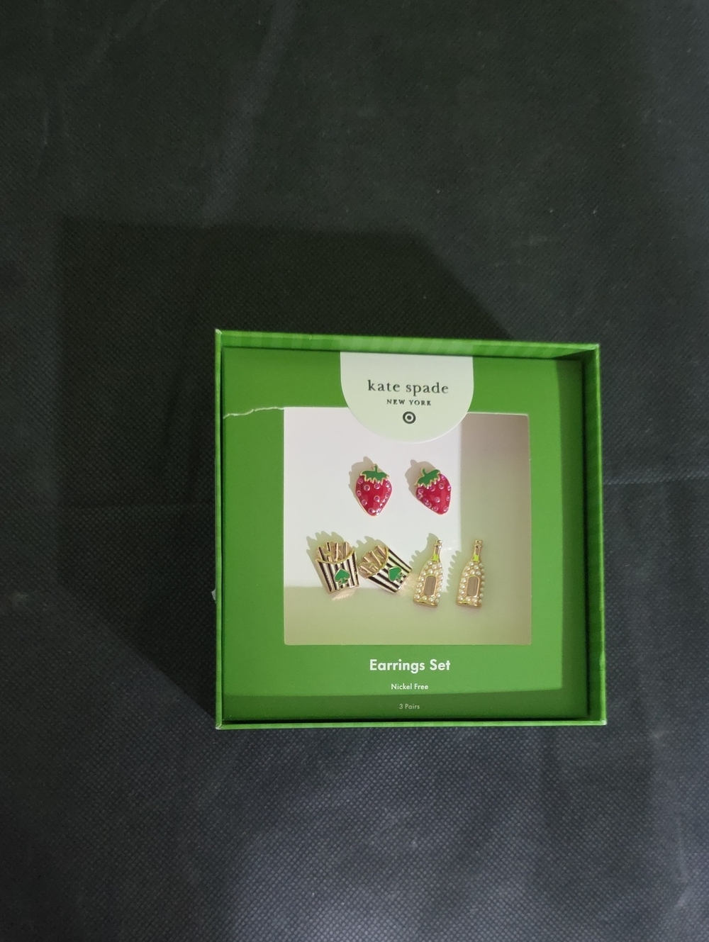 kate spade  Earrings Set — Red, Green & Gold Strawberry, Fries, Bottle